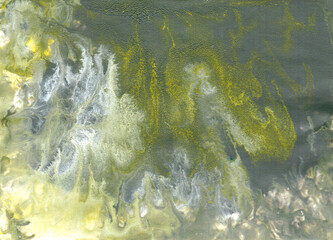 Beautiful fluid abstract paint background in trendy colors. Grey, yellow and white colors. Interior wallpaper. Marble texture. Liquid acrylic picture with artistic mixed paints. Fluid art background. 