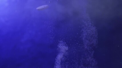 Two fizzing tablets fall through water in tank in slow motion against textured background with blue lighting. - Powered by Adobe