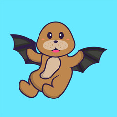 Cute dog is flying with wings. Animal cartoon concept isolated. Can used for t-shirt, greeting card, invitation card or mascot. Flat Cartoon Style