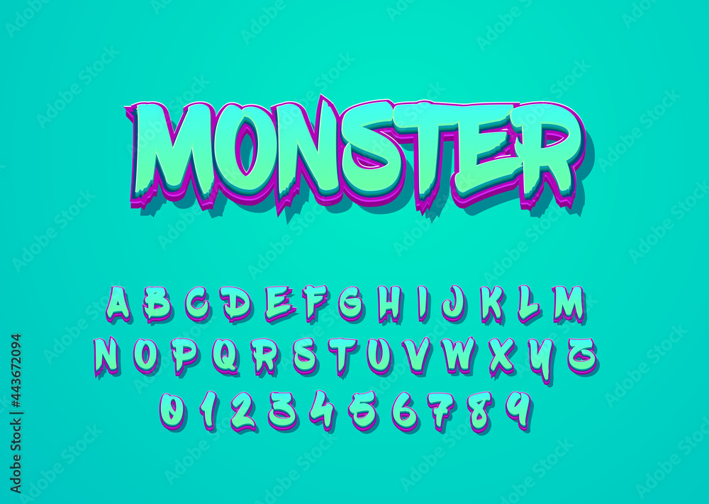 Poster monster cartoon style font effect. custom alphabet and number for game title or movie poster.