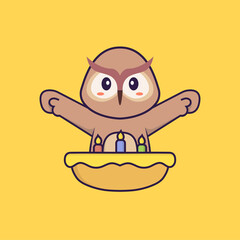 Cute owl with birthday cake. Animal cartoon concept isolated. Can used for t-shirt, greeting card, invitation card or mascot. Flat Cartoon Style