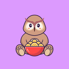 Cute owl eating ramen noodles. Animal cartoon concept isolated. Can used for t-shirt, greeting card, invitation card or mascot. Flat Cartoon Style