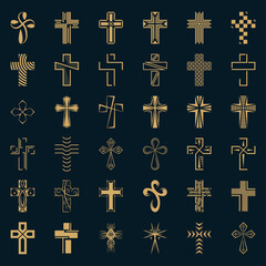 set of icons cross. Gold christian cross.