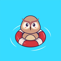 Cute owl is Swimming with a buoy. Animal cartoon concept isolated. Can used for t-shirt, greeting card, invitation card or mascot. Flat Cartoon Style