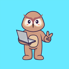 Cute owl holding laptop. Animal cartoon concept isolated. Can used for t-shirt, greeting card, invitation card or mascot. Flat Cartoon Style
