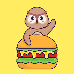 Cute owl eating burger. Animal cartoon concept isolated. Can used for t-shirt, greeting card, invitation card or mascot. Flat Cartoon Style
