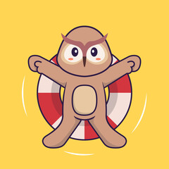 Cute owl is Swimming with a buoy. Animal cartoon concept isolated. Can used for t-shirt, greeting card, invitation card or mascot. Flat Cartoon Style