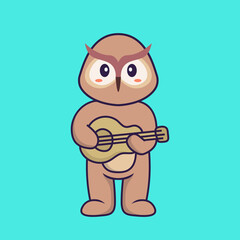 Cute owl playing guitar. Animal cartoon concept isolated. Can used for t-shirt, greeting card, invitation card or mascot. Flat Cartoon Style
