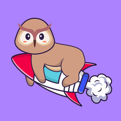 Cute owl flying on rocket. Animal cartoon concept isolated. Can used for t-shirt, greeting card, invitation card or mascot. Flat Cartoon Style