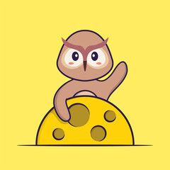 Obraz premium Cute owl is on the moon. Animal cartoon concept isolated. Can used for t-shirt, greeting card, invitation card or mascot. Flat Cartoon Style