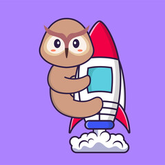 Cute owl flying on rocket. Animal cartoon concept isolated. Can used for t-shirt, greeting card, invitation card or mascot. Flat Cartoon Style