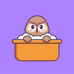 Cute owl taking a bath in the bathtub. Animal cartoon concept isolated. Can used for t-shirt, greeting card, invitation card or mascot. Flat Cartoon Style