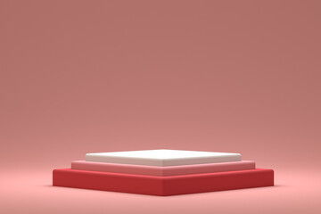 minimal podium or pedestal display on red background for cosmetic product presentation