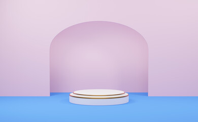 white cylinder podium empty with geometric shapes in pink wall for modern stage display and minimalist mockup ,abstract showcase background ,3d illustration or 3d render