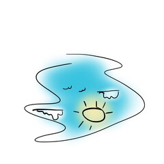 Clouds and sun are reflected in a puddle