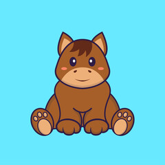 Cute horse is sitting. Animal cartoon concept isolated. Can used for t-shirt, greeting card, invitation card or mascot. Flat Cartoon Style