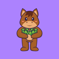 Cute horse holding money. Animal cartoon concept isolated. Can used for t-shirt, greeting card, invitation card or mascot. Flat Cartoon Style