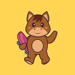 Cute horse holding a skateboard. Animal cartoon concept isolated. Can used for t-shirt, greeting card, invitation card or mascot. Flat Cartoon Style