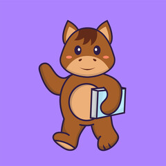 Cute horse holding a book. Animal cartoon concept isolated. Can used for t-shirt, greeting card, invitation card or mascot. Flat Cartoon Style