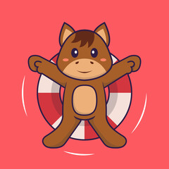 Cute horse is Swimming with a buoy. Animal cartoon concept isolated. Can used for t-shirt, greeting card, invitation card or mascot. Flat Cartoon Style