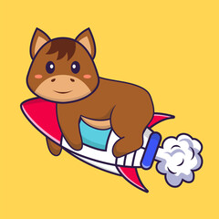 Cute horse flying on rocket. Animal cartoon concept isolated. Can used for t-shirt, greeting card, invitation card or mascot. Flat Cartoon Style