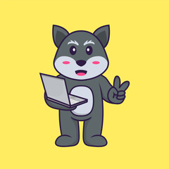 Cute fox holding laptop. Animal cartoon concept isolated. Can used for t-shirt, greeting card, invitation card or mascot. Flat Cartoon Style