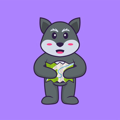 Fototapeta na wymiar Cute fox holding a map. Animal cartoon concept isolated. Can used for t-shirt, greeting card, invitation card or mascot. Flat Cartoon Style