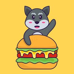 Cute fox eating burger. Animal cartoon concept isolated. Can used for t-shirt, greeting card, invitation card or mascot. Flat Cartoon Style