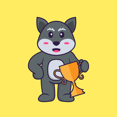 Cute fox holding gold trophy. Animal cartoon concept isolated. Can used for t-shirt, greeting card, invitation card or mascot. Flat Cartoon Style