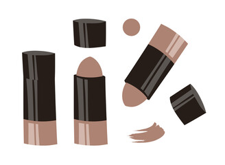 Obraz premium Hand Drawn Cartoon Fashion Illustration Makeup Tools Сorrector. Vector Set Drawing Beauty Products Сoncealers. Art Work Collection Decorative Cosmetics Skin Tone Shades