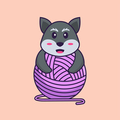 Cute fox playing with wool yarn. Animal cartoon concept isolated. Can used for t-shirt, greeting card, invitation card or mascot. Flat Cartoon Style
