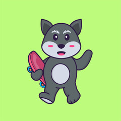 Cute fox holding a skateboard. Animal cartoon concept isolated. Can used for t-shirt, greeting card, invitation card or mascot. Flat Cartoon Style