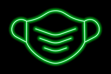 The silhouette of a medical mask on a black background. Green line in neon style