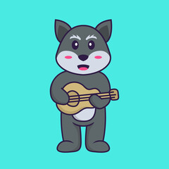 Cute fox playing guitar. Animal cartoon concept isolated. Can used for t-shirt, greeting card, invitation card or mascot. Flat Cartoon Style