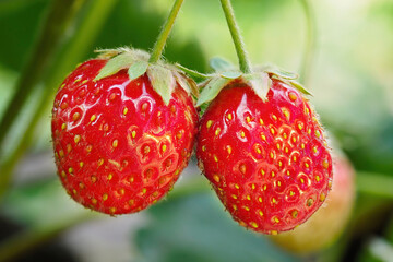 Close-up of growing red ripe strawberry on stem in garden. Detail of fresh fruit with green leaves. Organic farming, healthy food, BIO viands, back to nature concept.