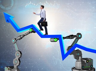 Businessman walking up the chart supported by robotic arm