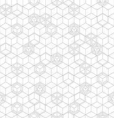 Seamless geometric pattern with white cubes and black wireframes