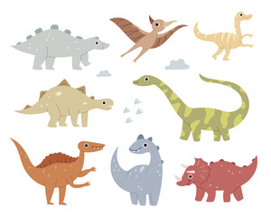 Jurassic reptiles. Pastel colors. Brachiosaurus, ptereosaurus, tyrannosaurus, spinosaurus, talarus.Cute flat dinosaur set. 