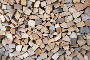Chopped Natural  Wood logs background. Stacks preparation of firewood