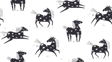 Wild abstract horse seamless pattern, horses running in the field with flowers on white, scandinavian style freehand animal doodle monochrome background. Vector hand drawn textile design.