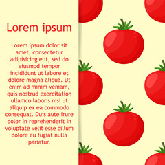 Tomatoes seamless pattern on a background. Red ripe tomatoes with green leaves. Great for menus, labels, packaging. 