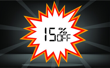 15 percent off. Banner with discount explosion for promotions and offers.