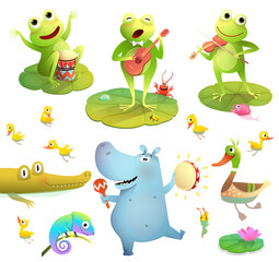 Funny pond or swamp animals clipart collection isolated on white. Frogs playing music, duck with chicks and dancing hippo play tambourine. Funny cartoons set for kids.