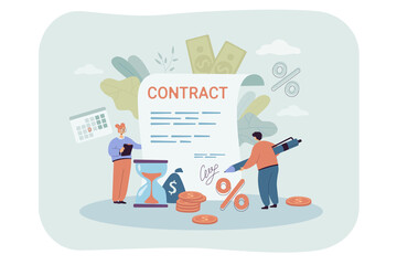 Tiny people signing giant contract. Flat vector illustration. Man and woman, concluding agreement with bank, taking out loan at interest, paying off debt. Mortgage, money, credit, finance concept
