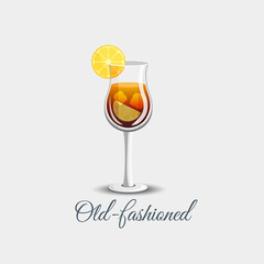 old fashioned glass cocktail in an elegant cup isolated on white background. continuous line drawing doodle minimalist design