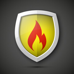 Protected guard flame shield concept. Safety badge smoke fire icon. Privacy flame banner shield. Security label Defense fire tag. Presentation sticker flame icon. defense safeguard shield smoke