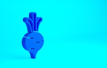 Blue Fresh beet with leaf icon isolated on blue background. Natural Root. Vegetable Ingredient for food. Minimalism concept. 3d illustration 3D render