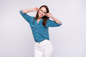 Photo of funny brunette hair boss lady wear eyewear blue shirt isolated on grey color background