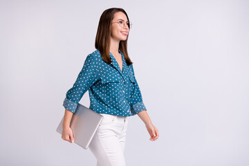 Profile photo of cute brunette hair business lady hold laptop wear eyewear blue shirt isolated on grey color background