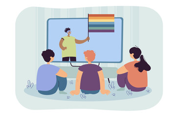 Group of children watching TV with woman holding rainbow flag. Kids learning about LGBT movement flat vector illustration. LGBT community, gay pride, education concept for banner, website design